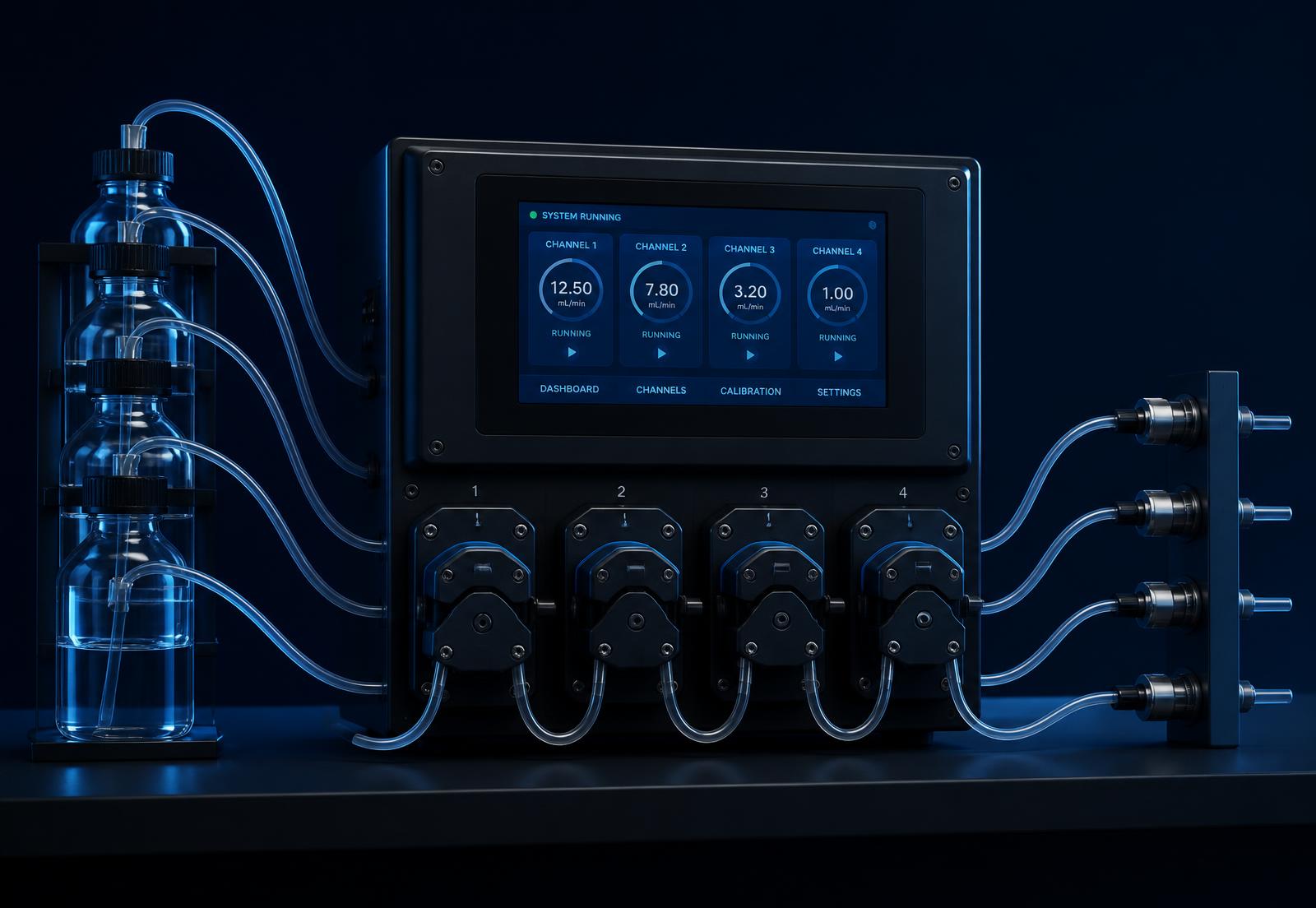 Conceptual multi-channel experimental fluid-delivery platform: four separate reservoirs feeding four independent peristaltic pump channels with tubing lines to four outputs, all connected to a central control and monitoring enclosure with a touchscreen interface