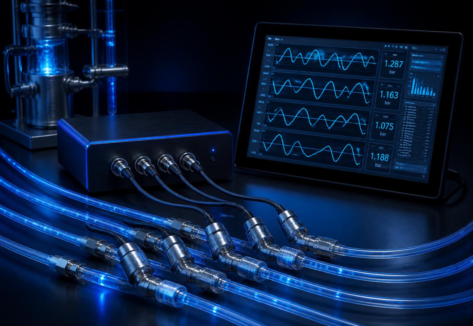 Conceptual experimental pressure-monitoring setup: transparent fluid tubing passing through several inline pressure sensor interfaces, each cabled into a signal-acquisition enclosure connected to a display showing multi-channel real-time pressure traces and a data-logging panel