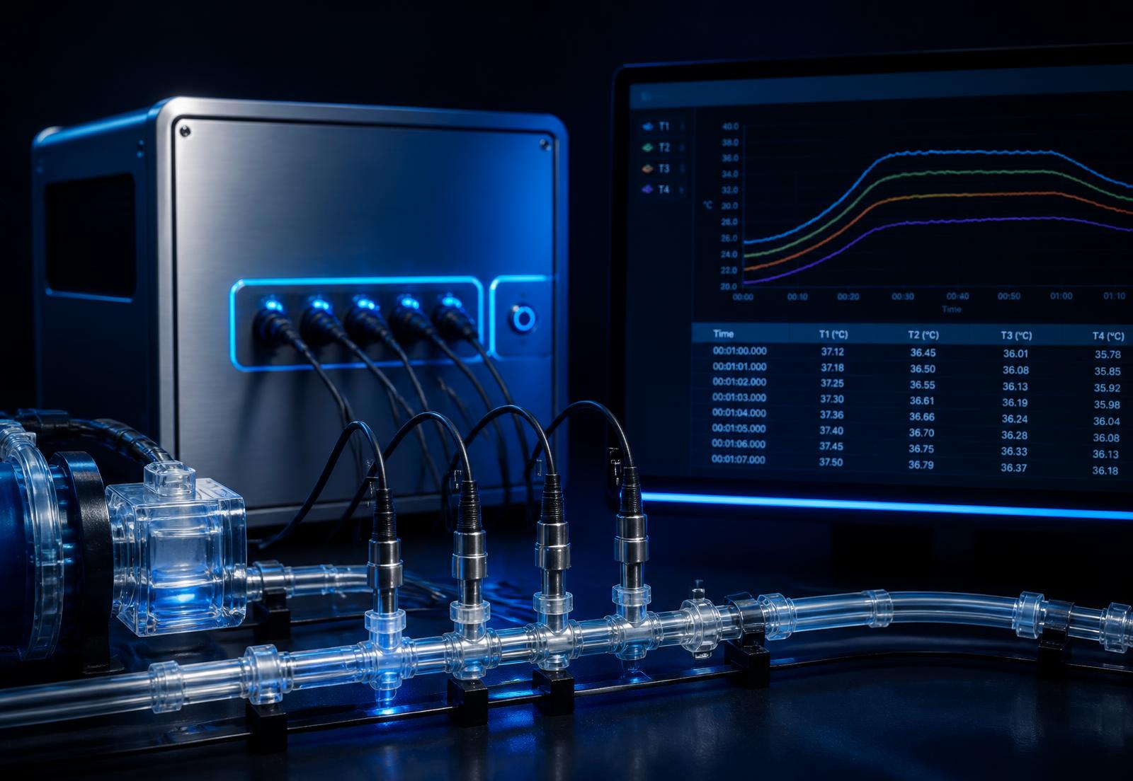 Conceptual experimental temperature-monitoring setup: transparent fluid tubing with four inline temperature probe fittings labelled T1 to T4, each cabled into a signal-acquisition enclosure connected to a display showing multi-channel real-time temperature traces and a data-logging table